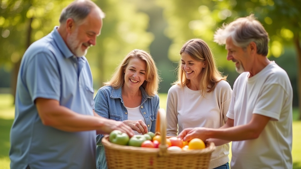 Family members of different ages laughing together while unpacking picnic supplies from a basket on grass