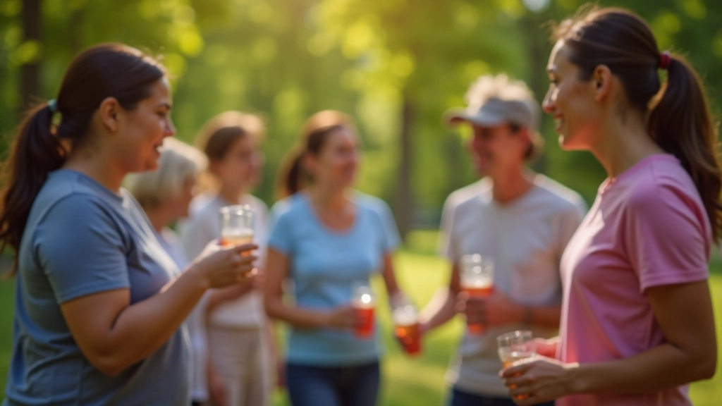 Group of mixed ages taking a break during outdoor fitness activity, socializing and hydrating