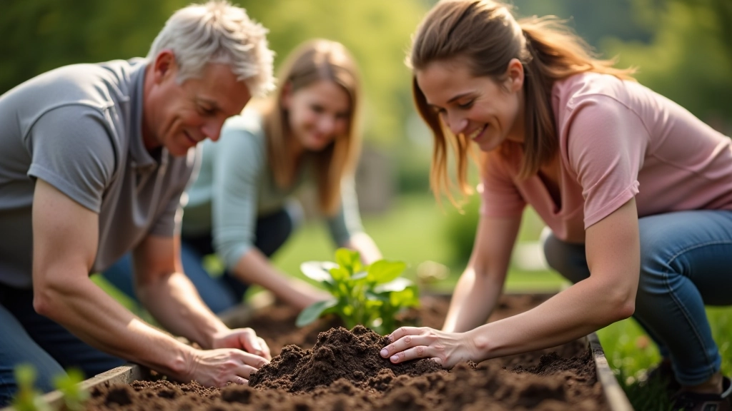 Group of diverse adults and teenagers volunteering together at community garden, planting vegetables in raised beds