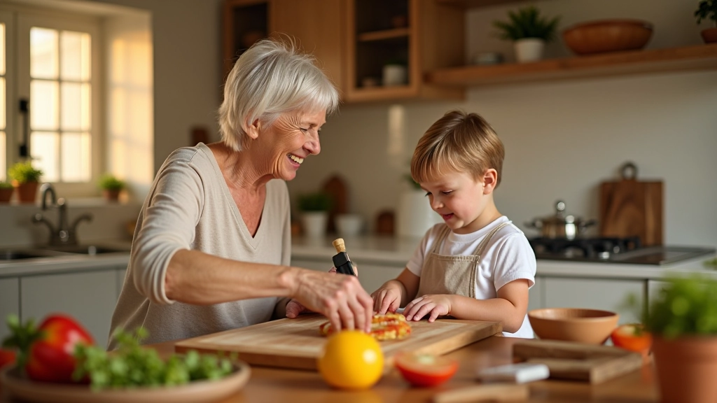 Grandparent and grandchild laughing together while preparing food in a bright, modern kitchen