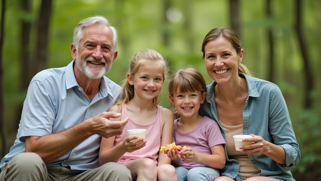 Family group taking a break on hiking trail, sitting on rocks and having snacks and water, everyone looking relaxed and happy