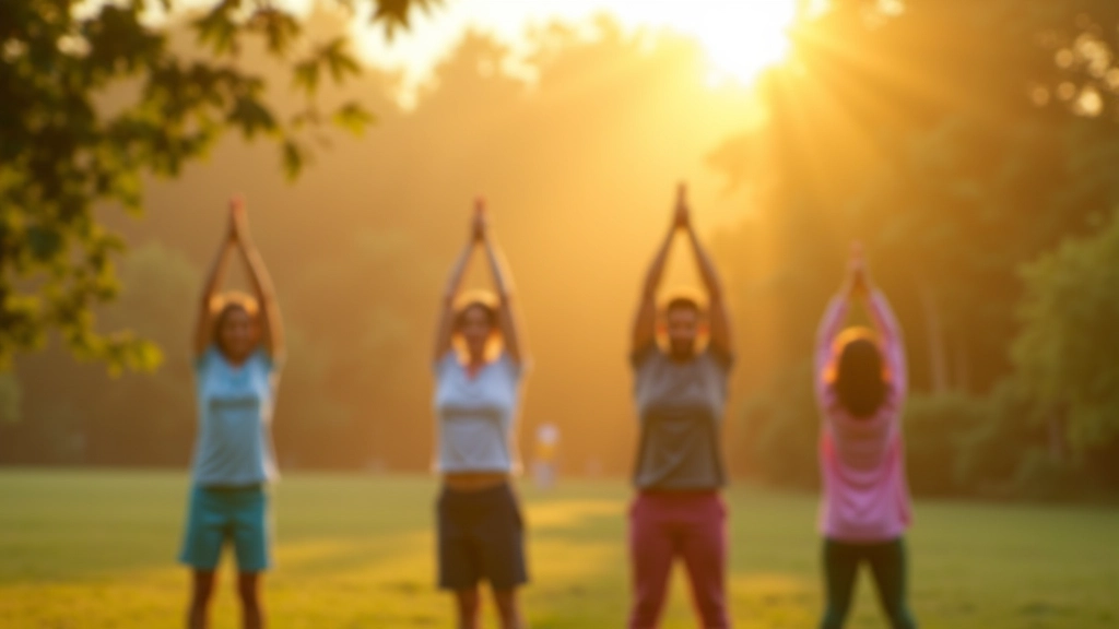 Group doing outdoor yoga in park