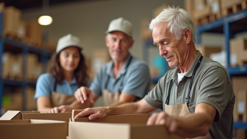 Three generations working together at food bank, packing boxes of groceries with focus and purpose
