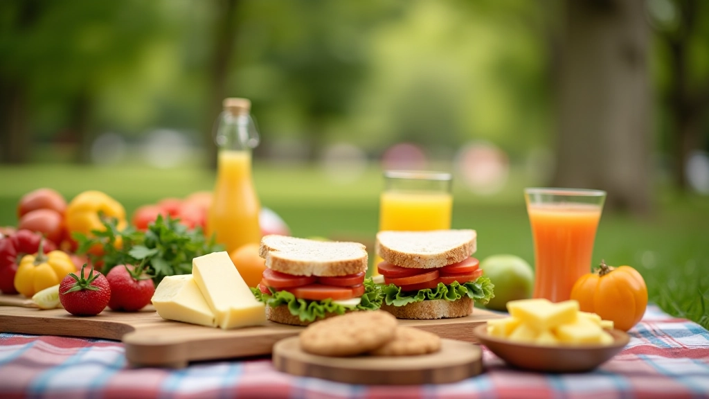 Variety of picnic foods including sandwiches, fruit, vegetables, cheese, and drinks arranged on a wooden board