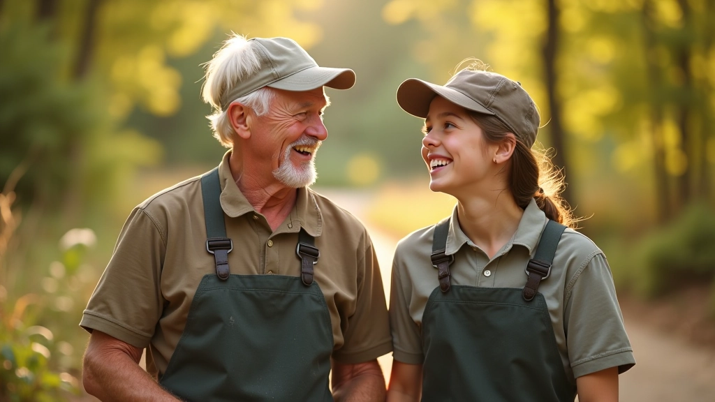 Real moment of laughter between grandparent and grandchild during trail cleanup work, genuine connection visible