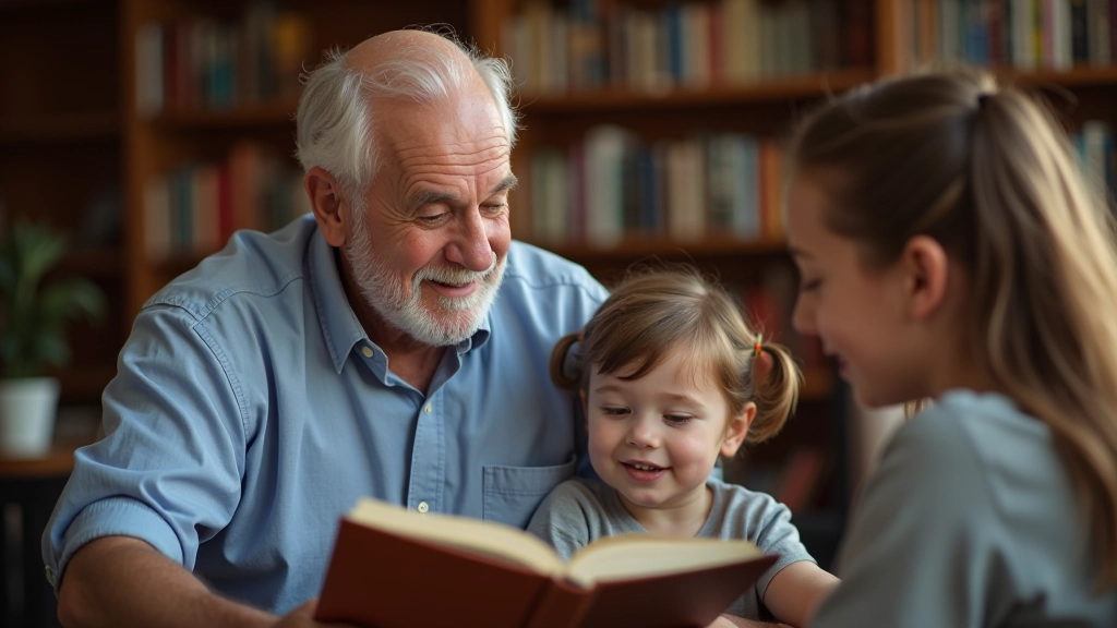 Grandfather reading book aloud to elementary school child in library, with teenager listening nearby, warm lighting