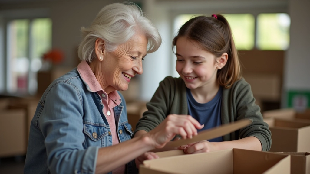 Grandparent and grandchild sorting donations together at community center, smiling while working side by side