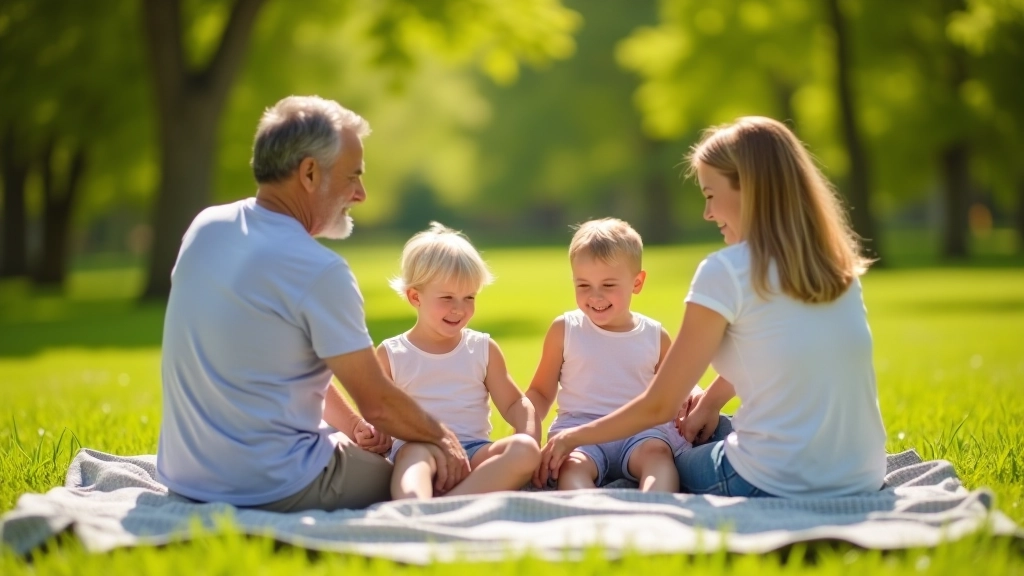 Grandparents and grandchildren sitting together on a picnic blanket in a park during sunny afternoon