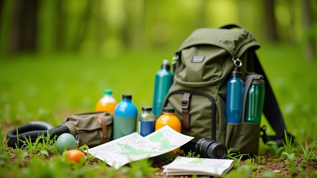 Close-up of hiking backpack with water bottles, map, snacks, and other supplies organized and ready for a day hike