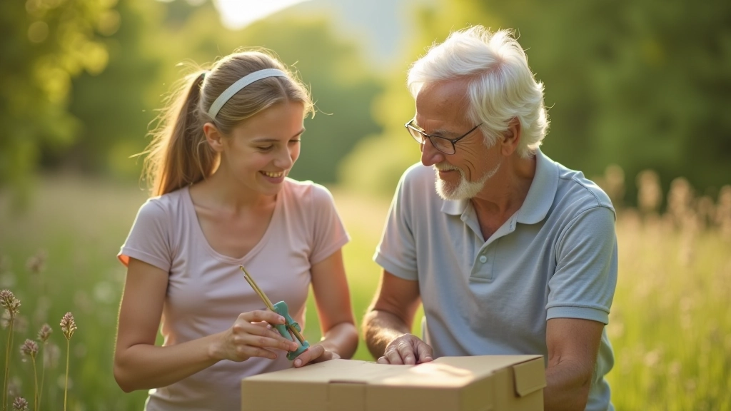 Grandparent and grandchild engaged in outdoor activity together, working on a shared task in natural environment