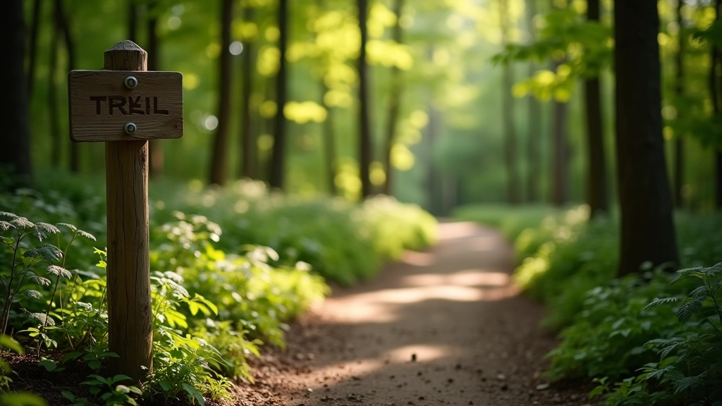 Scenic hiking trail winding through green forest with clear path markings and wooden signs visible, dappled sunlight filtering through tree canopy