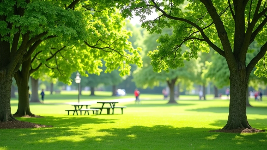 Wide view of a peaceful park with large shade trees, open grassy areas, and a picnic table in the distance on a clear day