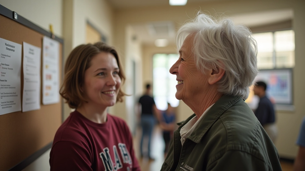 Woman aged 55 and teenager looking at volunteer opportunities on community center bulletin board together